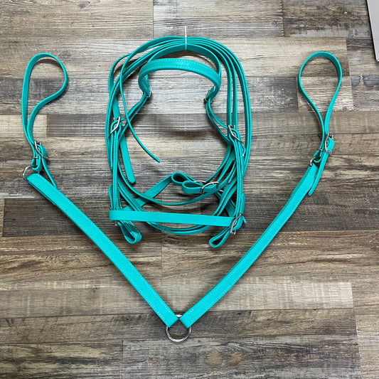 Turquoise Beta Bridle w/ Nose Band, Reins & Matching 2 Point Breast Collar Amish Crafted
