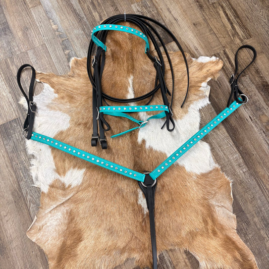 Turquoise Blue & Black Bedazzled Biothane w/ Clear Diamonds Bridle Set w/ Matching Strait Breast Collar & Reins