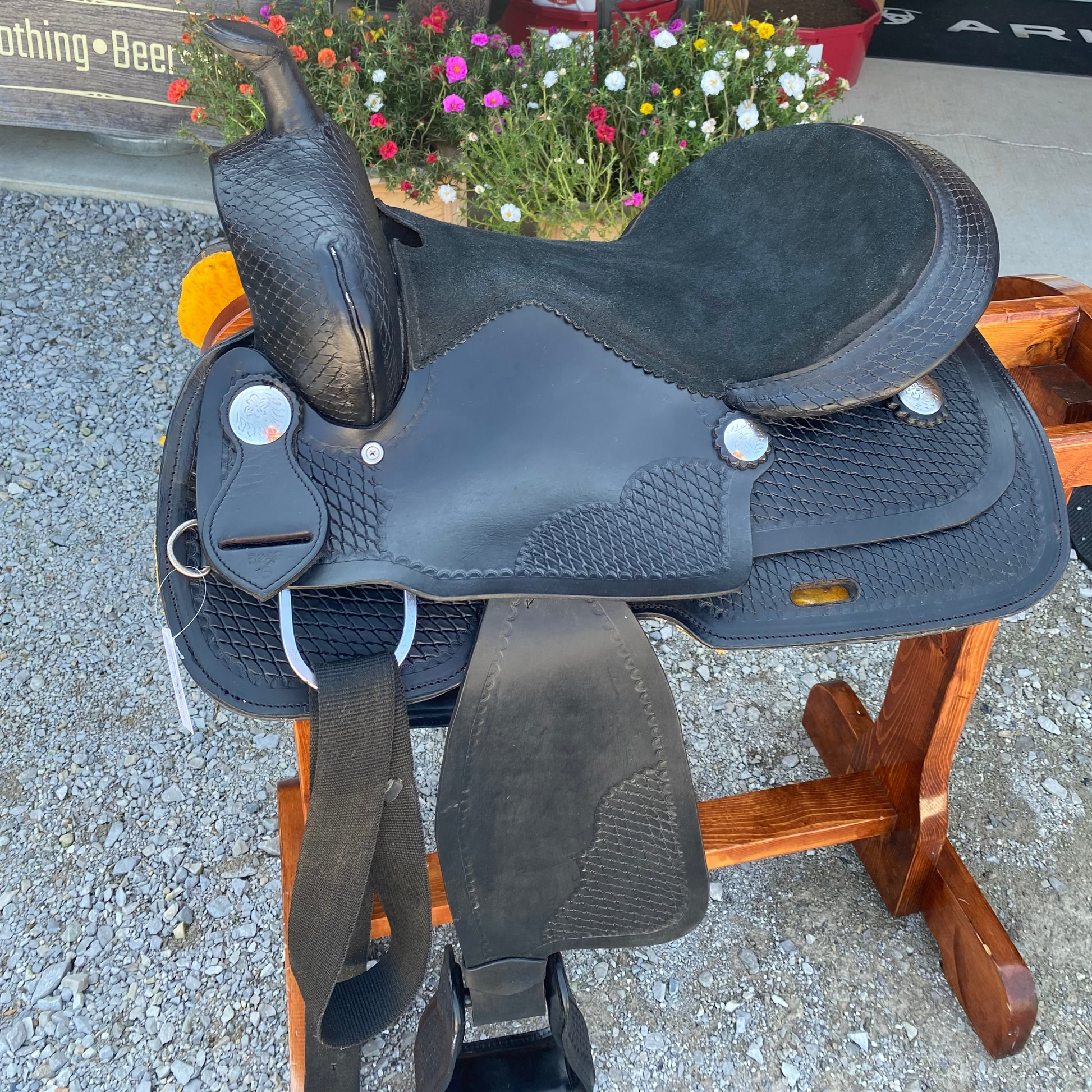 USED Black Western Saddle 16” w/ Synthetic Seat & Basketweave Tooling