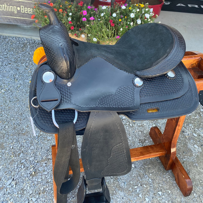 USED Black Western Saddle 16” w/ Synthetic Seat & Basketweave Tooling