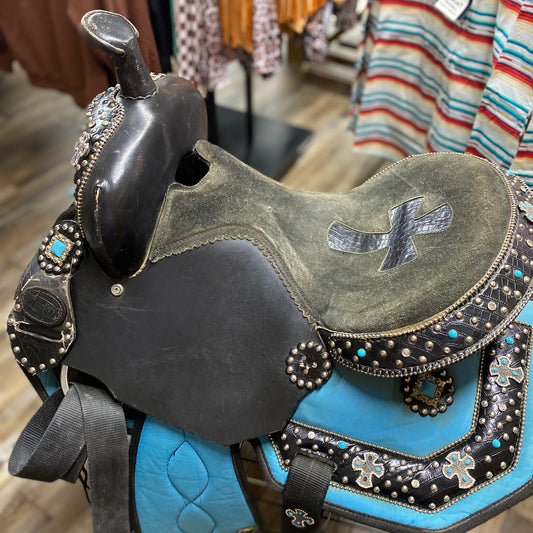 USED TOUGH 1 Bedazzled Teal WESTERN Saddle 15”