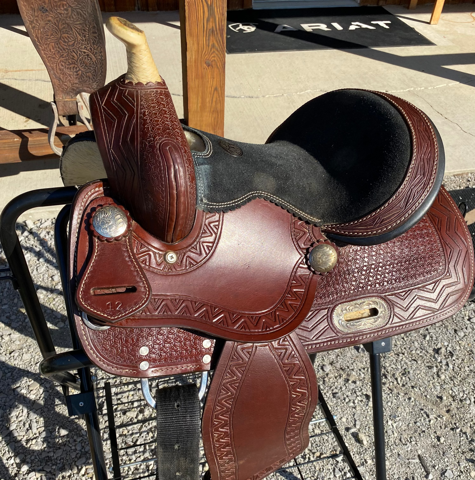 Used 12” Western Saddle Tooled, Aztec w/ Suede Seat DOUBLE T SADDLERY
