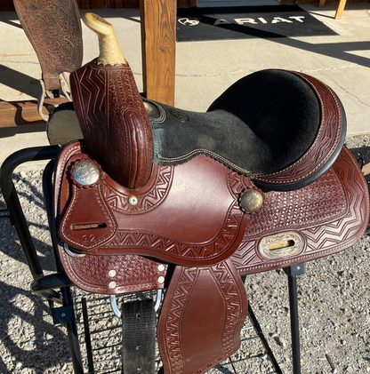 Used 12” Western Saddle Tooled, Aztec w/ Suede Seat DOUBLE T SADDLERY