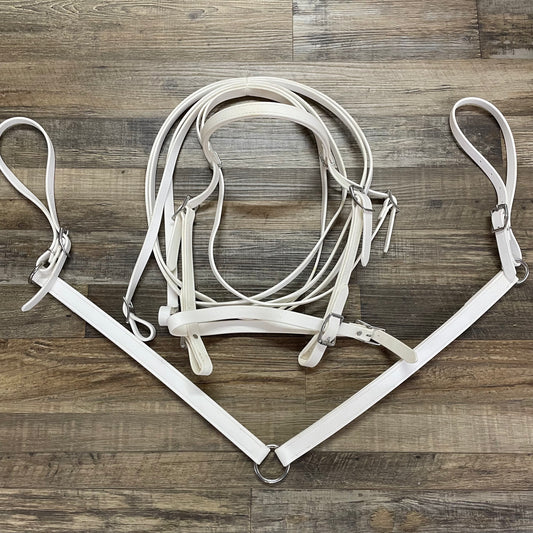 WHITE Beta Bridle w/ Nose Band, Reins & Matching 2 Point Breast Collar Amish Crafted