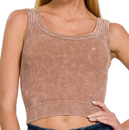 Washed Ribbed Cropped Seamless Scoop Neck Tank Top: DEEP CAMEL