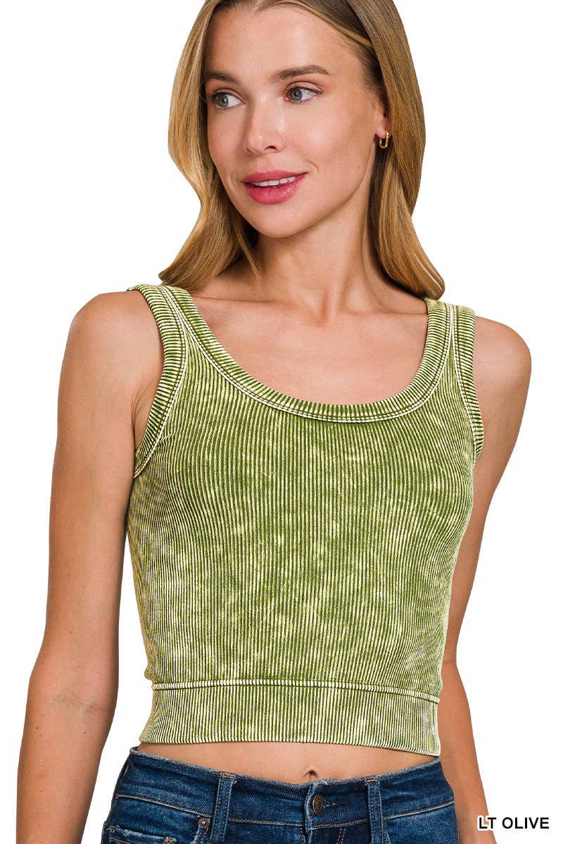 Washed Ribbed Cropped Seamless Scoop Neck Tank Top: DEEP CAMEL