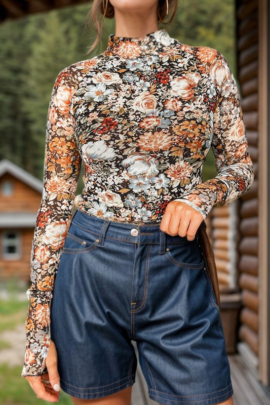 Elegance Floral Mock Neck Long Sleeve Top