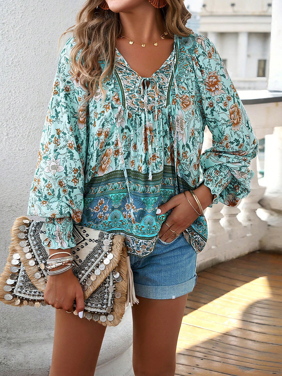 The Devine Bohemian Tie Neck Lantern Sleeve Blouse