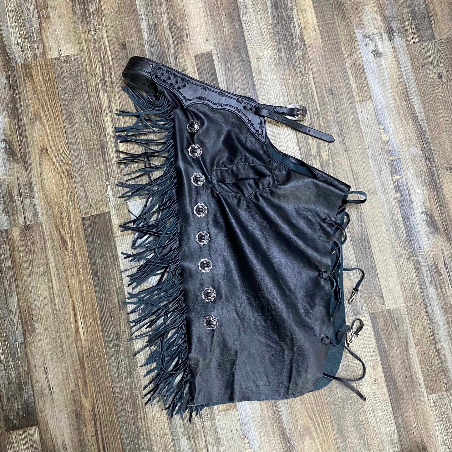 Amish Custom Made Black Leather Tooled Barbed Wire Chinks