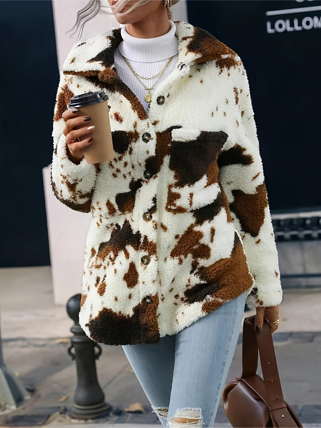 Moody Gurl Cow Print Collared Neck Button Up Fuzzy Jacket