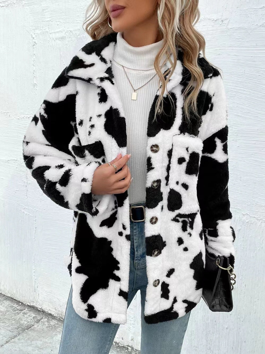 Moody Gurl Cow Print Collared Neck Button Up Fuzzy Jacket