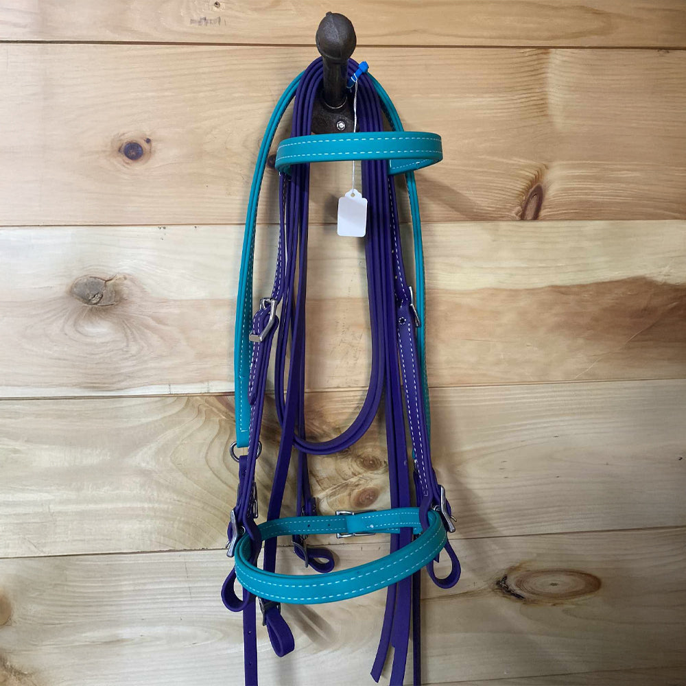 Biothane Bridle & Breast Strap Combo Purple & Teal w/ White Stitching
