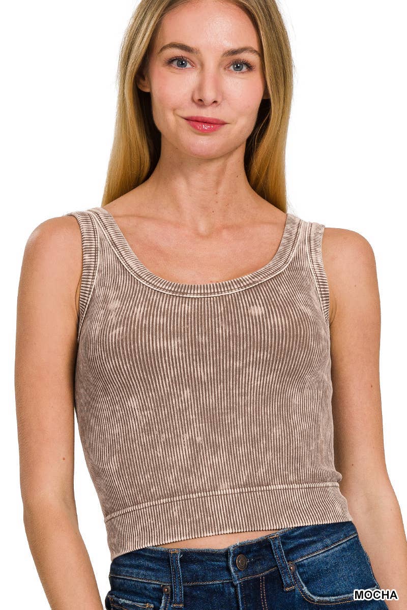 Washed Ribbed Cropped Seamless Scoop Neck Tank Top: DEEP CAMEL