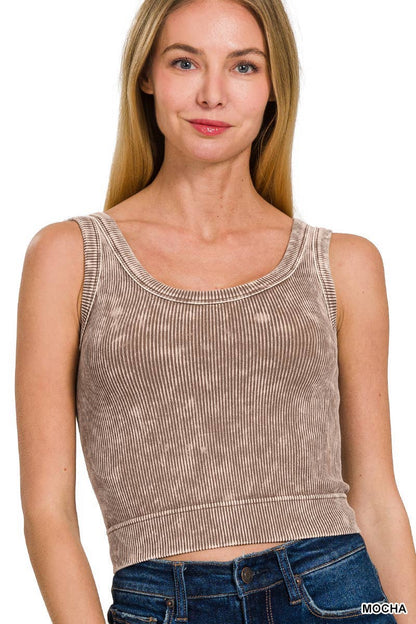 Washed Ribbed Cropped Seamless Scoop Neck Tank Top: DEEP CAMEL