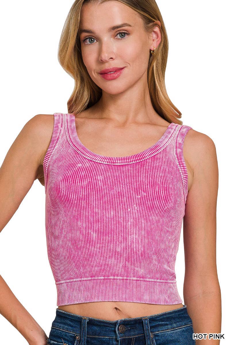 Washed Ribbed Cropped Seamless Scoop Neck Tank Top: DEEP CAMEL
