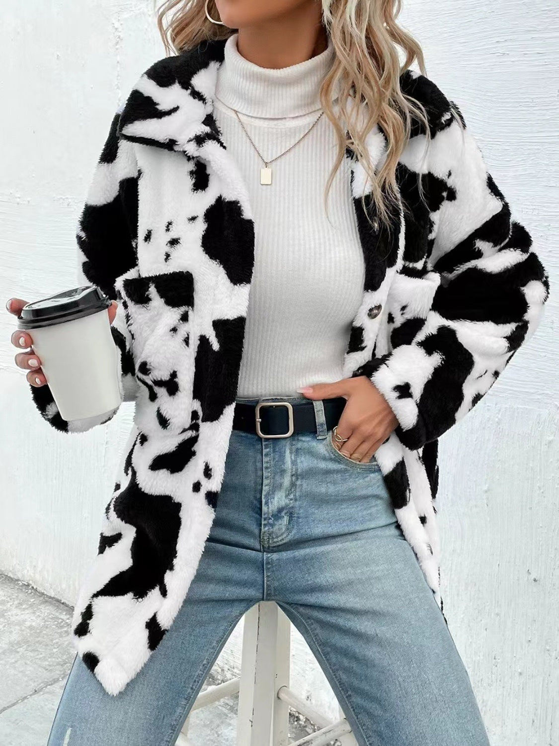 Moody Gurl Cow Print Collared Neck Button Up Fuzzy Jacket