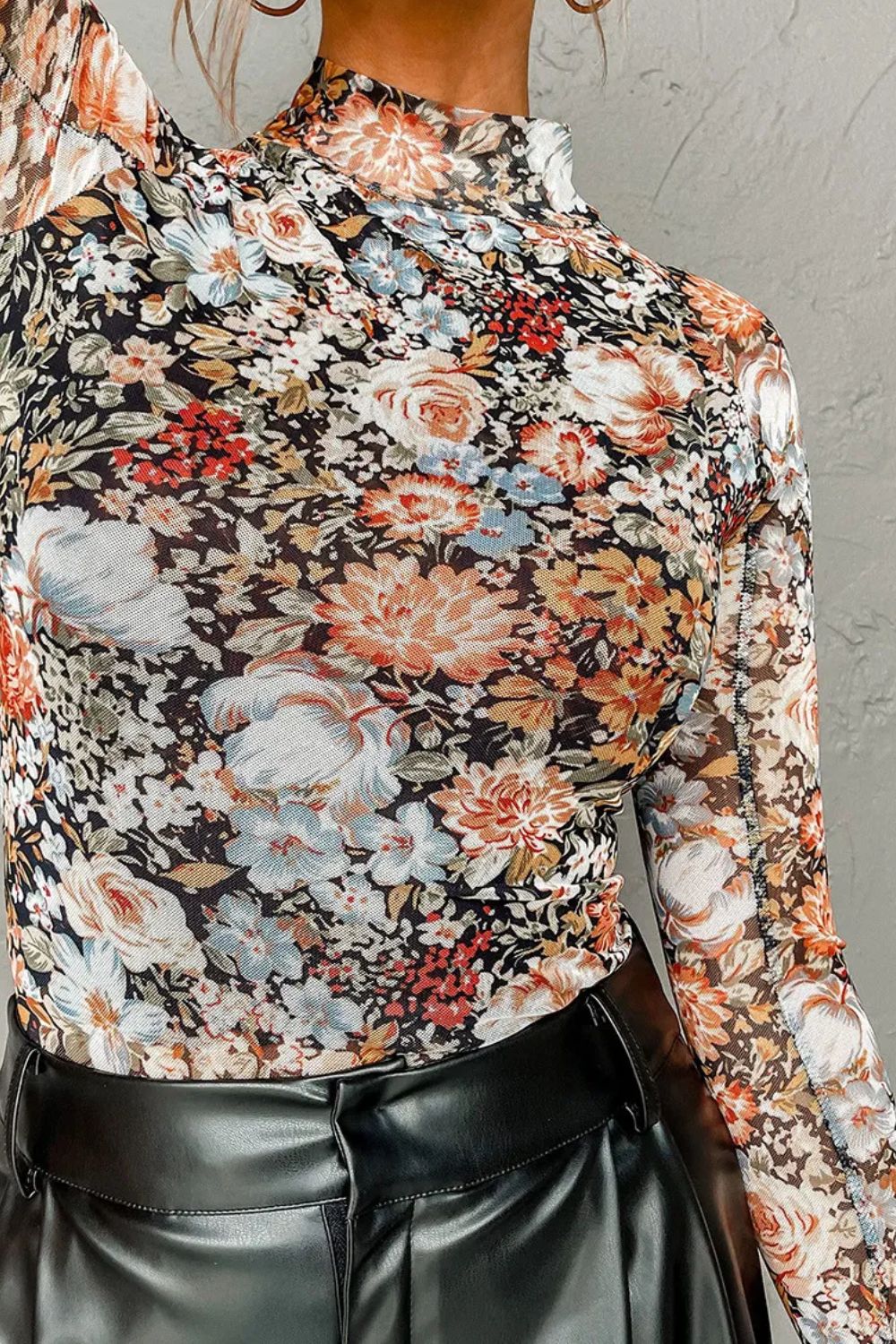 Elegance Floral Mock Neck Long Sleeve Top