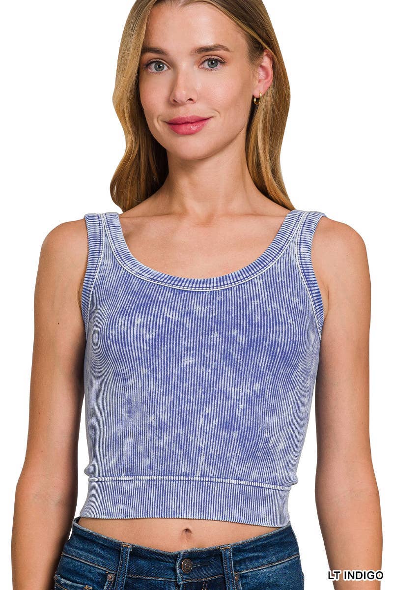 Washed Ribbed Cropped Seamless Scoop Neck Tank Top: DEEP CAMEL