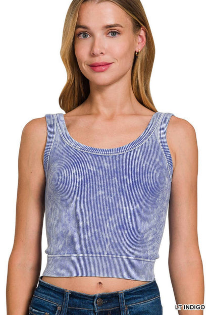 Washed Ribbed Cropped Seamless Scoop Neck Tank Top: DEEP CAMEL