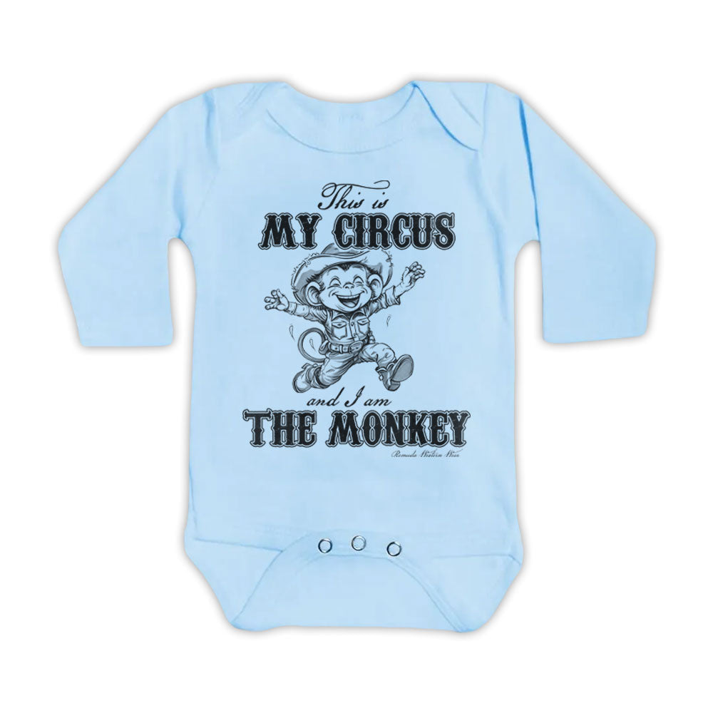 This is my circus and I am the monkey western  cowboy and cowgirl toddler light blue long sleeve onesie romper