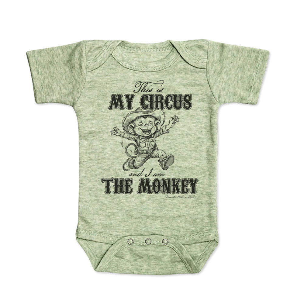 This is my circus and I am the monkey western cowboy and cowgirl toddler heather sage short sleeve onesie romper