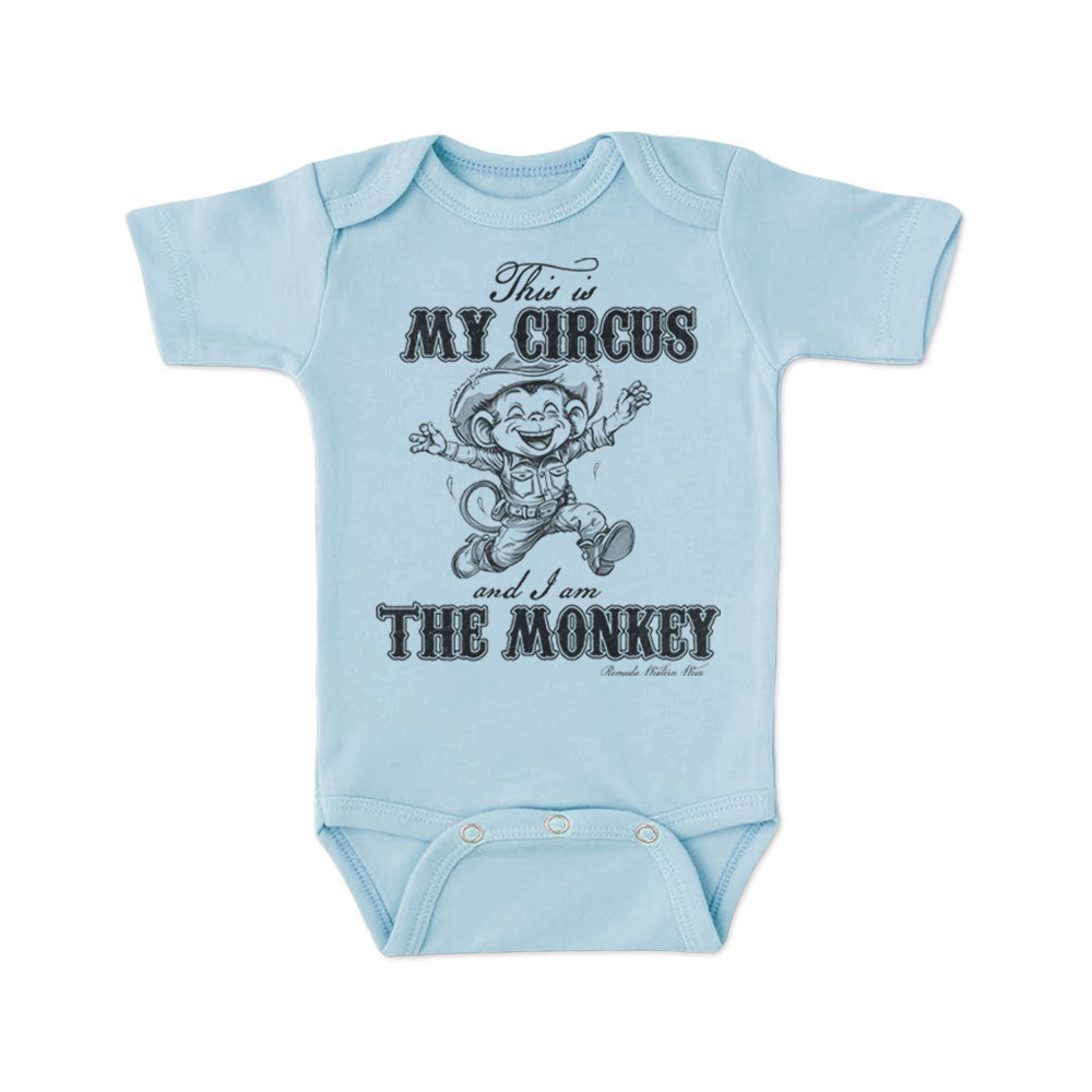 This is my circus and I am the monkey western  cowboy and cowgirl toddler light blue short sleeve onesie romper