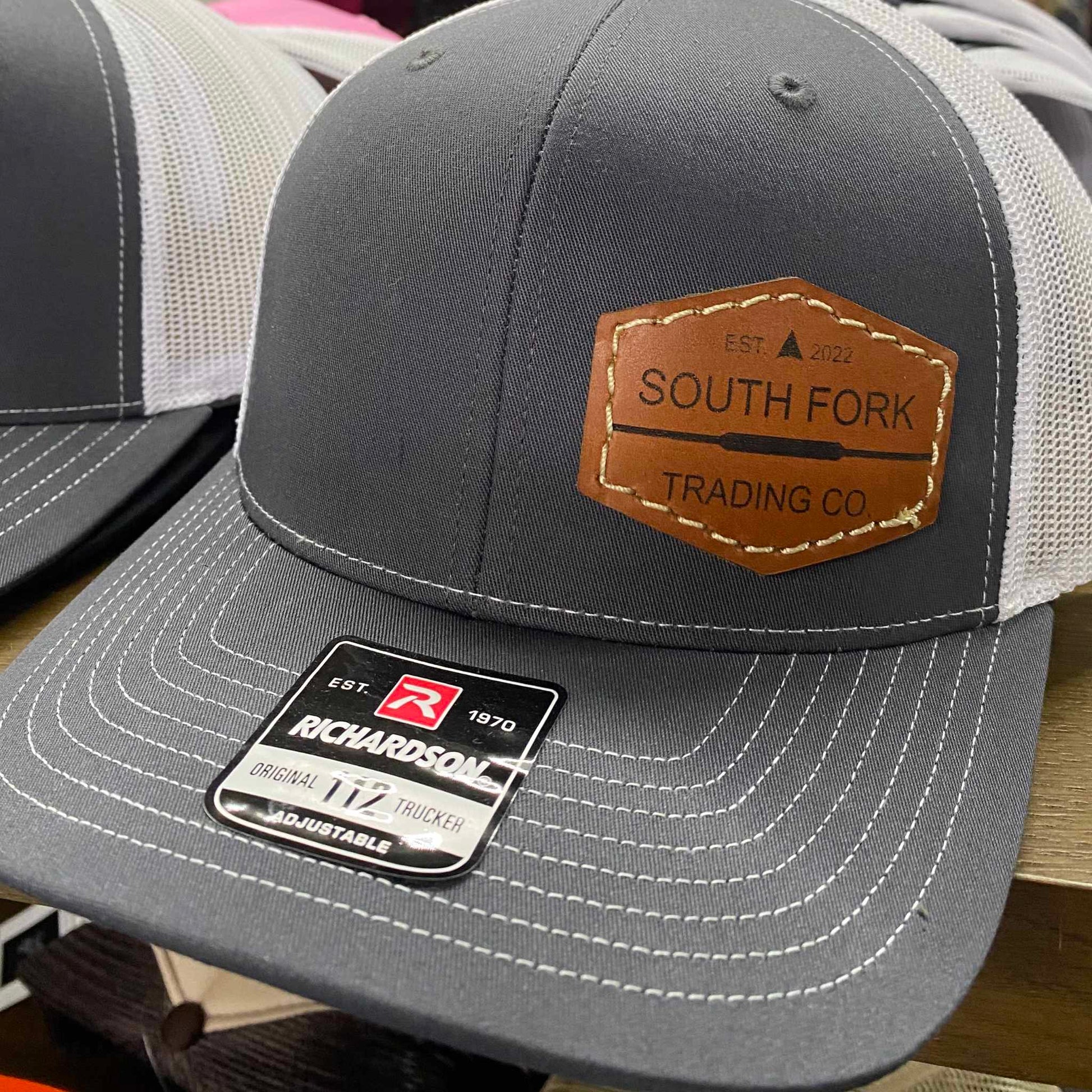 South Fork Trading Co. Leather Side Patch Trucker Hat Gray and White