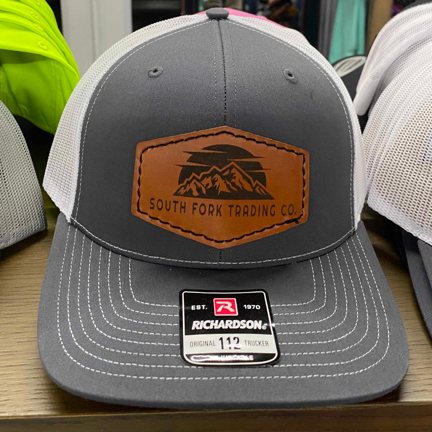 South Fork Trading Co. Leather Patch Trucker Hat Gray and White