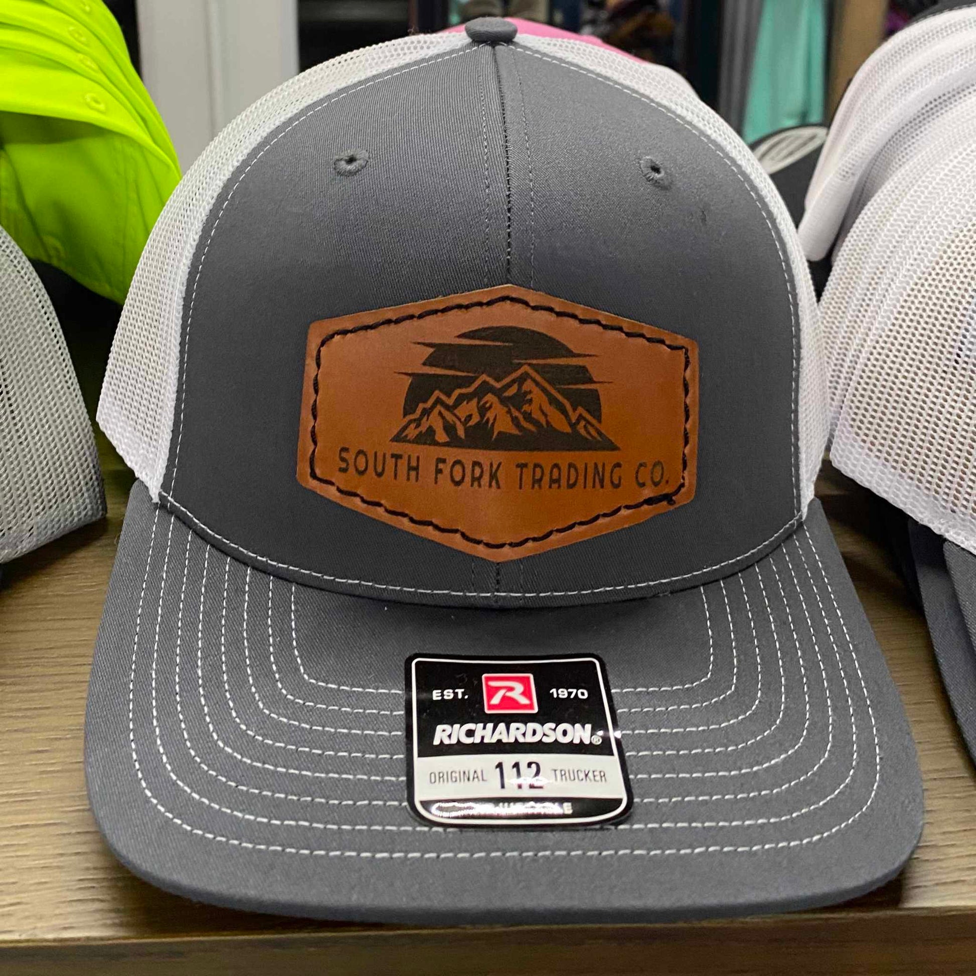 South Fork Trading Co. Leather Patch Trucker Hat Gray and White