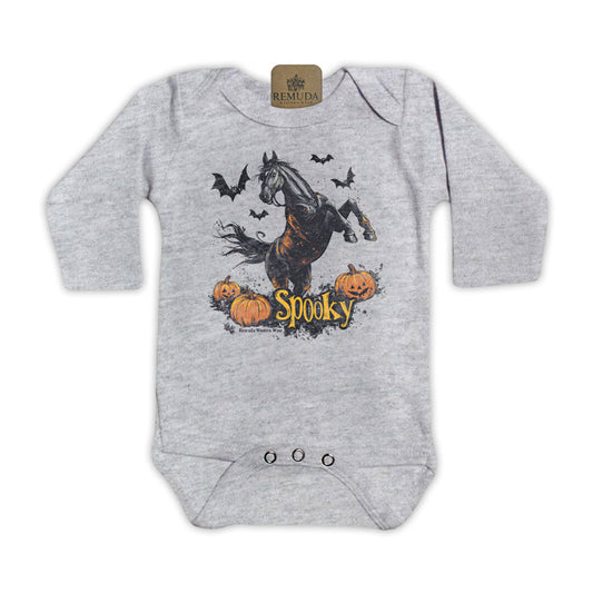 Spooky Horse Infant Western Long Sleeve One Piece Halloween Romper in grey color